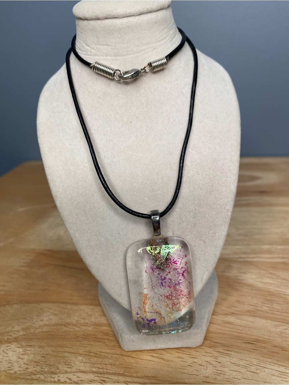 Iridescent Glass Pendant Necklace on Black Cord
